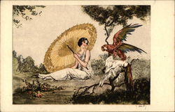 Woman Sitting Under an Umbrella Near Tropical Birds Woman Sitting Under an Umbrella Near Tropical Birds