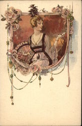 Woman Wearing Plumes in Hair Surrounded by Pink Flowers Postcard