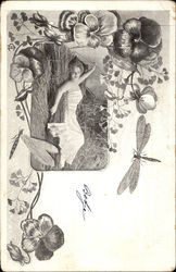 Woman in White Reclining in Straw - Photo Surrounded with Pansies Postcard