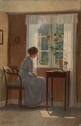 Woman in Blue sitting at Dest by the Window Postcard