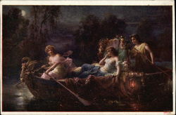 Three Women on a Boat in the Moonlight Postcard