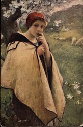 Shepherdess in Meadow with Sheep Postcard