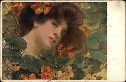 Portrait of Brunette Woman Among Orange & Gold Flowers Postcard