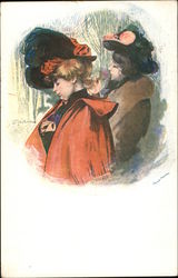 Profile of Two Women Wearing Coats and Large Hats Postcard
