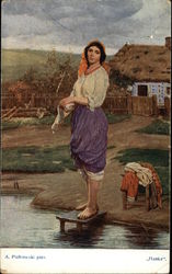 Peasant Woman Washing Clothes in a Stream Postcard