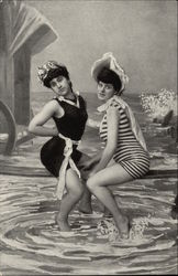 Two Women in Vintage Swimwear and Sunbonnets Postcard