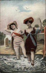 Two Women in Vintage Swimwear and Sunbonnets Postcard