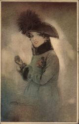 Portrait of Woman in Coat & Plumed Hat Postcard