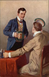Two Men Drinking from Steins Postcard