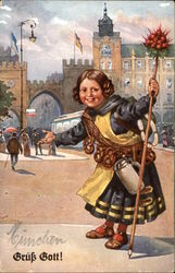 Woman in Munich with pretzels, beer and radish Postcard