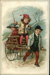 Children Riding a Hand Cart Postcard