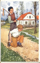 "Happy Easter" with Boys playing Marbles Postcard