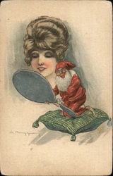 Elf Kneeling on Pillow Holding Mirror for Beautiful Woman Postcard