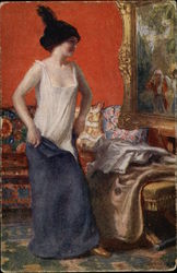 Woman in Black Hat Undressing in an Ornate Lounge Postcard