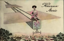 Happy New Year with a Woman in a Plane Postcard