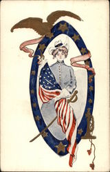 Woman holding USA Flag Postcard
