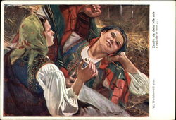 Young Man & Woman in Austrian Attire on the Hay Postcard