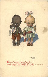 "Saying Goodbye" - Black Boy & White Girl Kewpie Kids Postcard