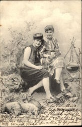 Two Women Sitting by a Campfire Postcard