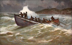 Men Rowing Boat through Stormy Ocean Waves Postcard