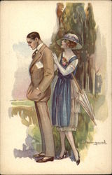Woman with Umbrella Embracing Man in Suite Postcard