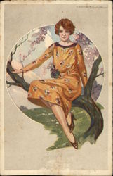 Woman in Orange Dress Sitting on Tree Branch Postcard