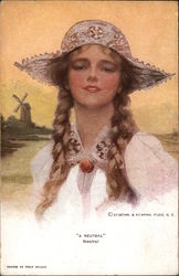 "A Neutral" - Dutch Girl in Front of Windmill Postcard