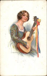 Portrait of Woman Playing Guitar Adorned with Ribbons Postcard