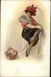 Seated Woman in Black Skirt, Red Blouse, Fur Stole and Red Hat Postcard