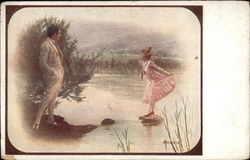 Man and Woman at a Pond Couples Postcard Postcard