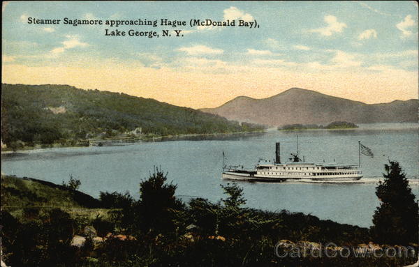 Steamer Sagamore Approaching Hague (McDonald Bay) Lake George New York