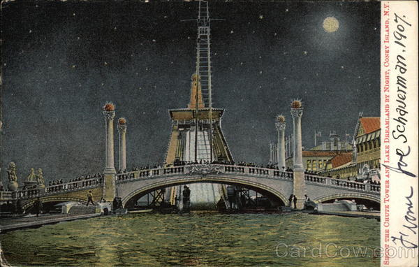 Shoot the Chute Tower and Lake Dreamland by Night New York