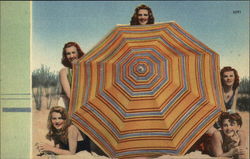 Bathing Beauties Behind Striped Umbrella Postcard