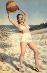 Woman in White Swimwear holding Beach Ball Postcard