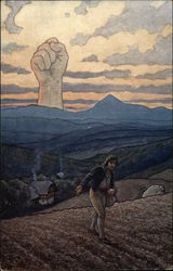 Farmer planting seeds, raised fist in sky Postcard