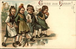 Four German Children with Dog Postcard