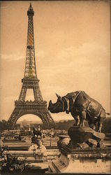 Statue of Rhinoceros in Trocadero Gardens and Eiffel Tower Postcard