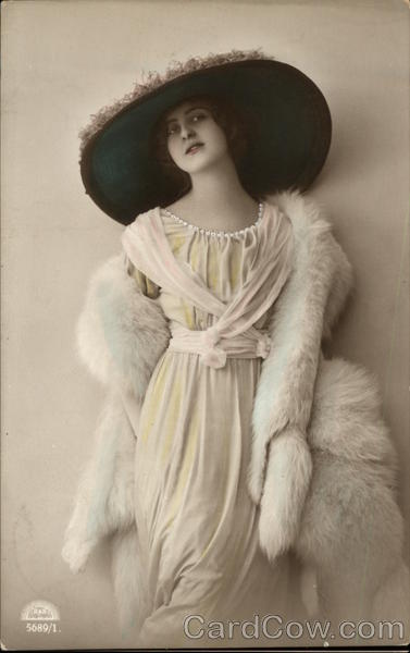 Brunette Woman in Large Hat and White Fur Stole Women