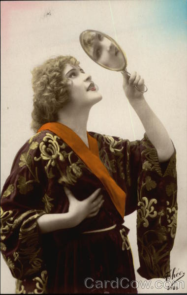 Blonde Woman wearing Robe, Gazing into Hand Mirror