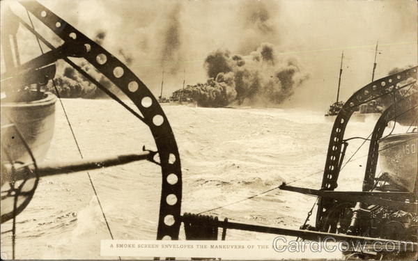 A smoke screen envelopes the maneuvers of the fleet with secrecy