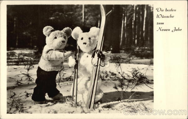 Happy New Year - Teddy Bears with Skis New Year's