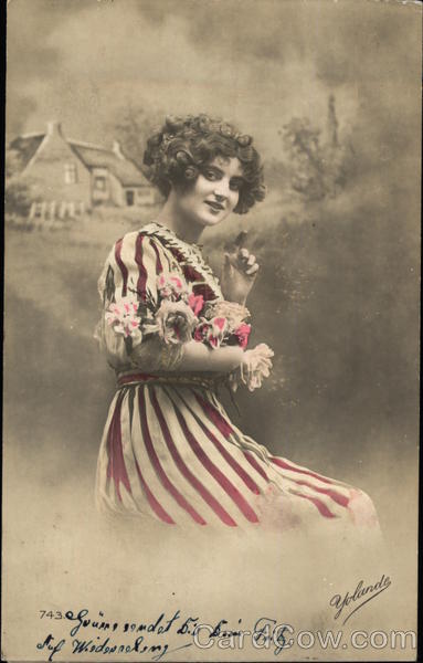 Vintage Photograph of Brunette Woman in Red Striped Dress