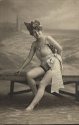 Woman in Swimwear on a Bench at the Ocean Postcard