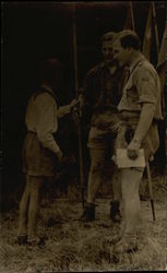 Boy Scout Recieving Staff from Leaders Postcard