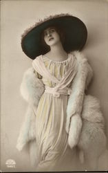 Brunette Woman in Large Hat and White Fur Stole Postcard