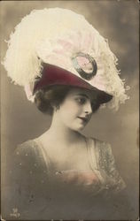 Portrait Photograph of Brunette Woman wearing Large Plumed Hat Postcard