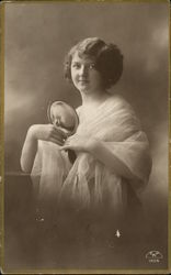 Young Woman in Chiffon Shawl holding Hand Mirror Postcard