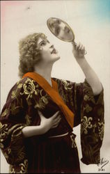 Blonde Woman wearing Robe, Gazing into Hand Mirror Art Deco Postcard Postcard