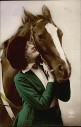 Woman in Green Hugging Chestnut Horse Postcard