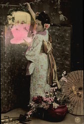 Asian Woman Hanging Lantern Postcard